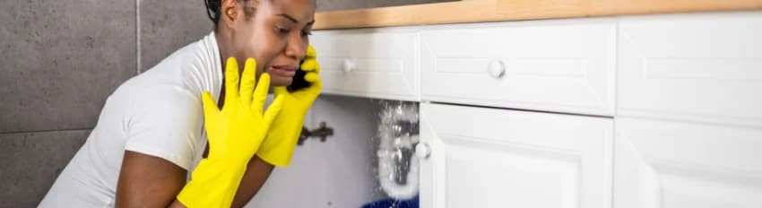 A person in yellow gloves checking water dripping beneath a sink.