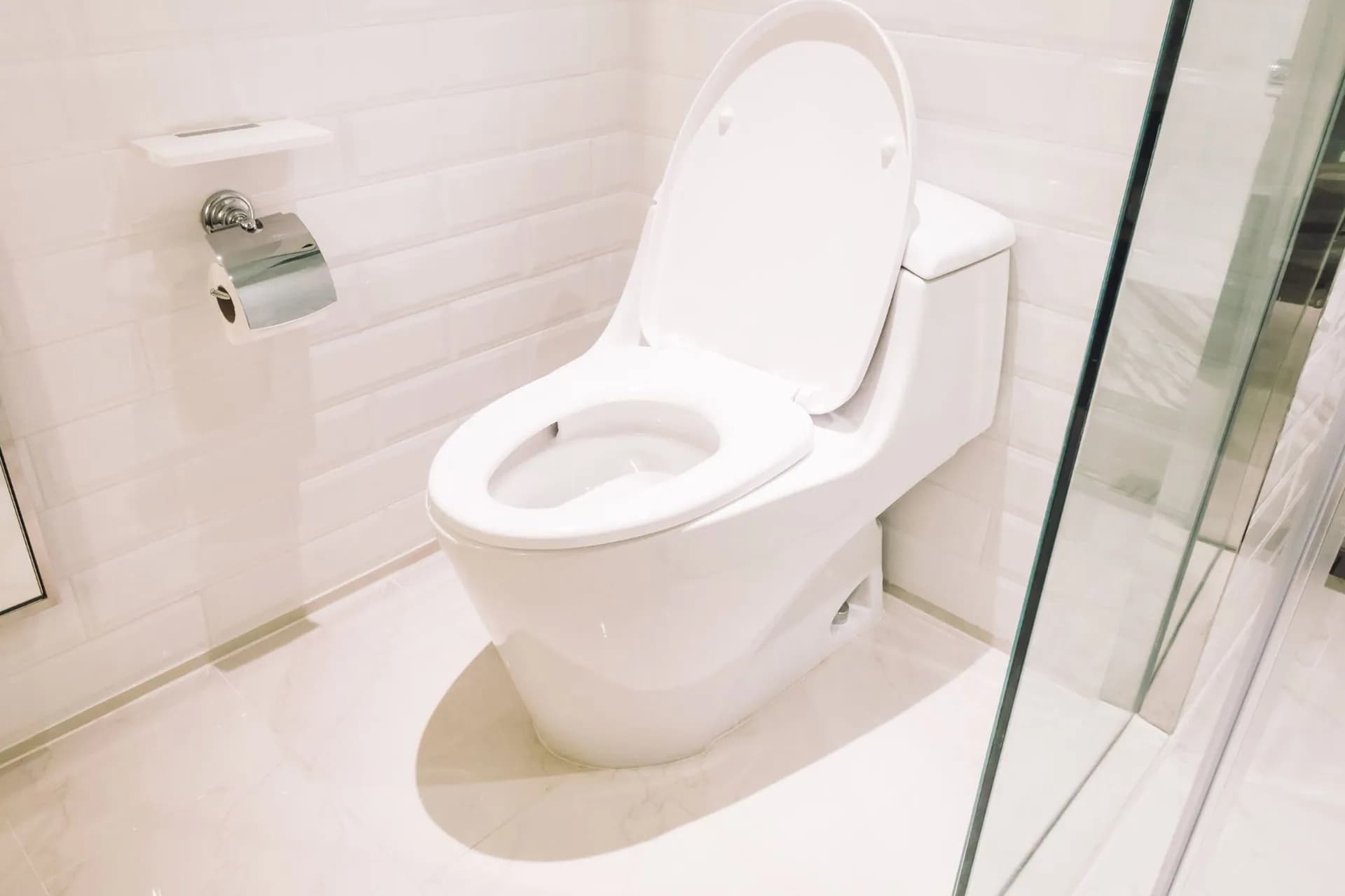  A toilet in a bathroom with a white motif 