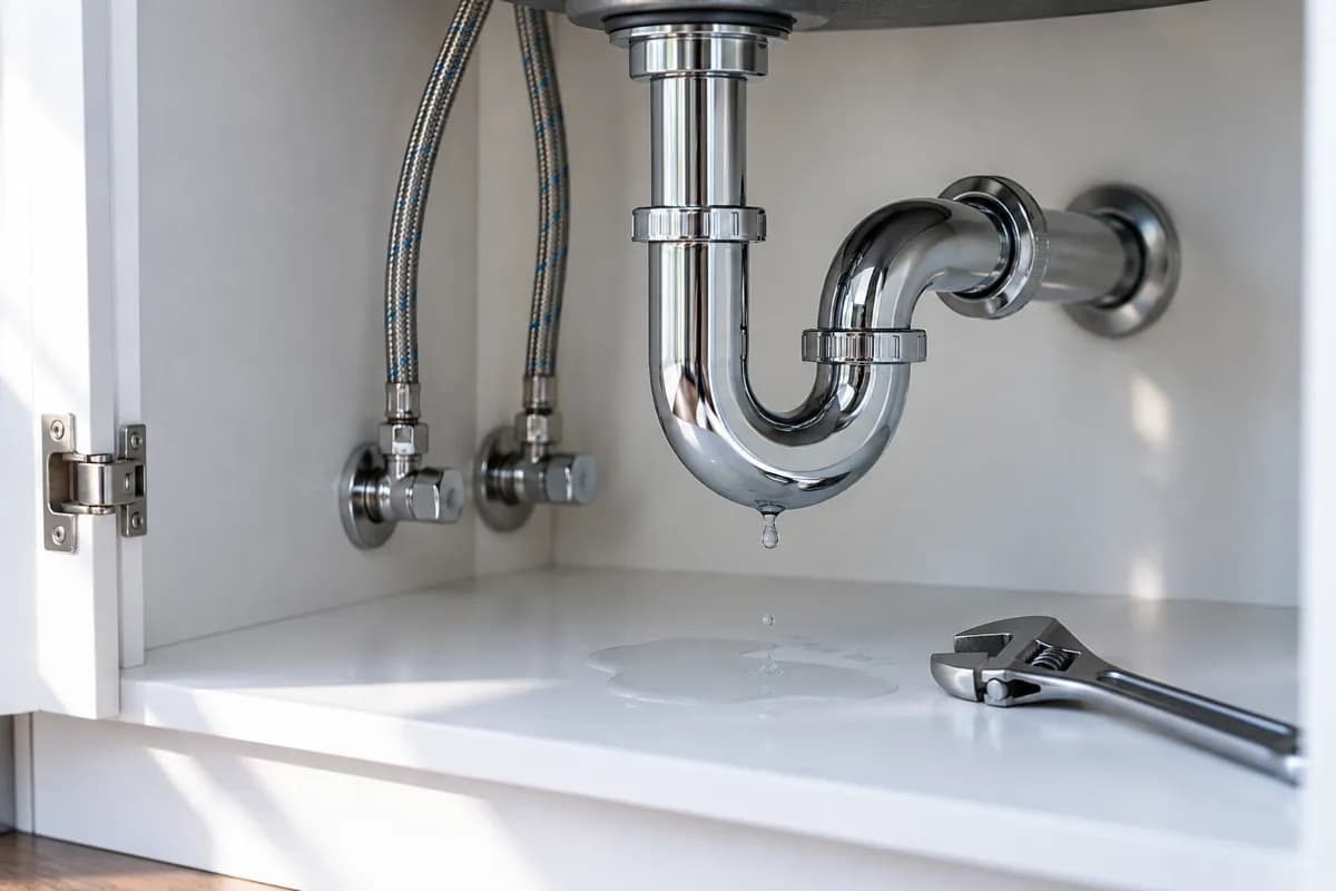 Water dripping from a metal sink trap into an open cabinet.