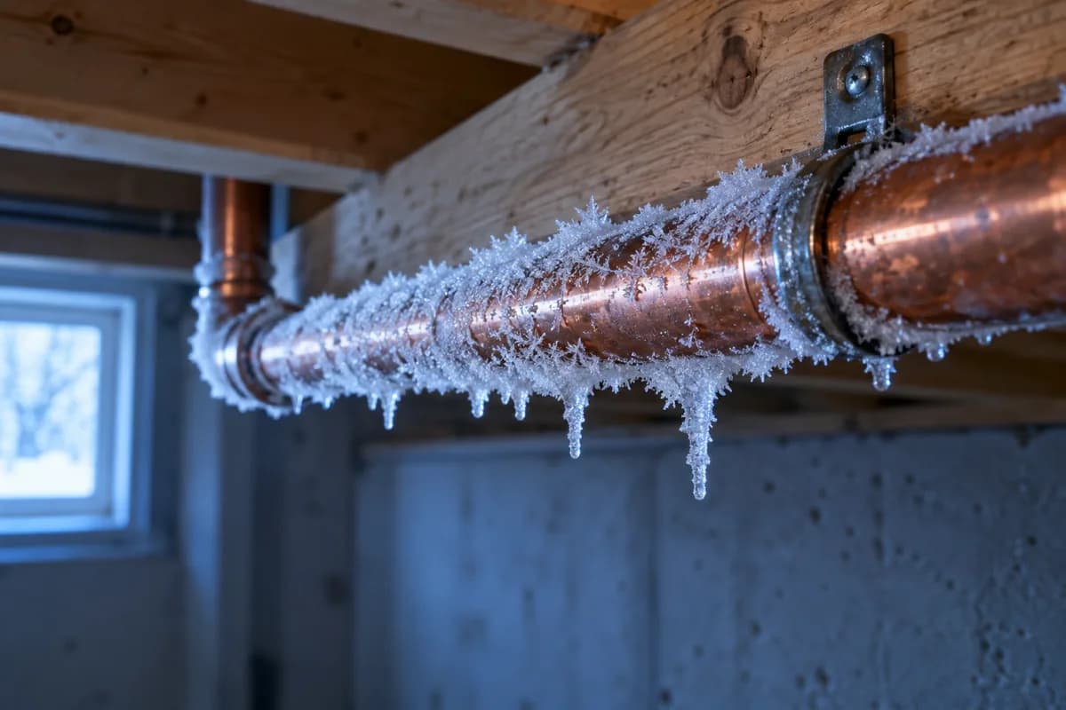 Frost and icicles on a copper pipe beneath wooden joists.