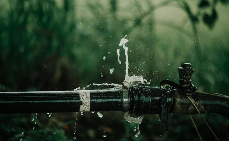 Water spraying from an outdoor pipe joint.