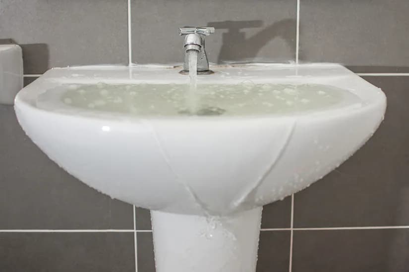 Water overflowing the front of a bathroom sink.