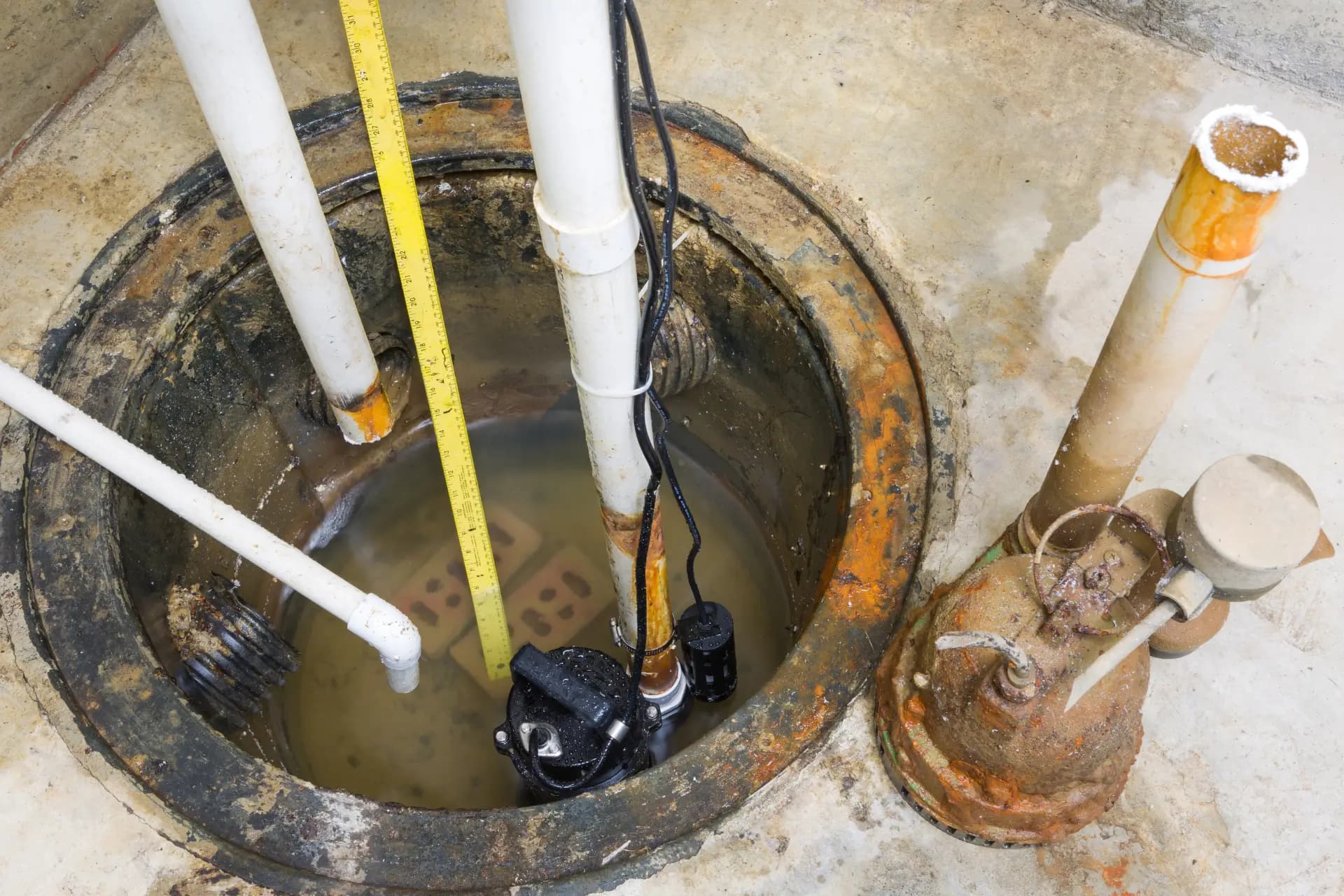 A sump pump and discharge pipe in a pit with standing water.