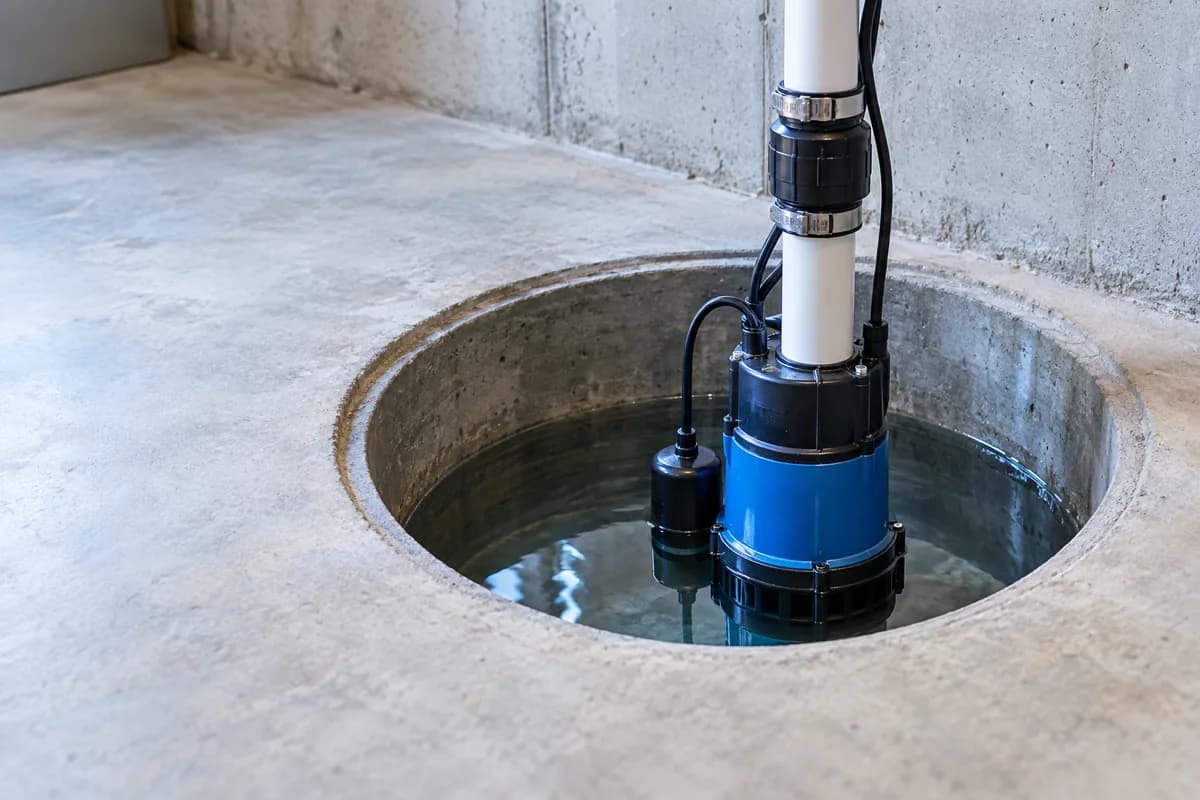 A blue sump pump and discharge pipe in a basement pit.