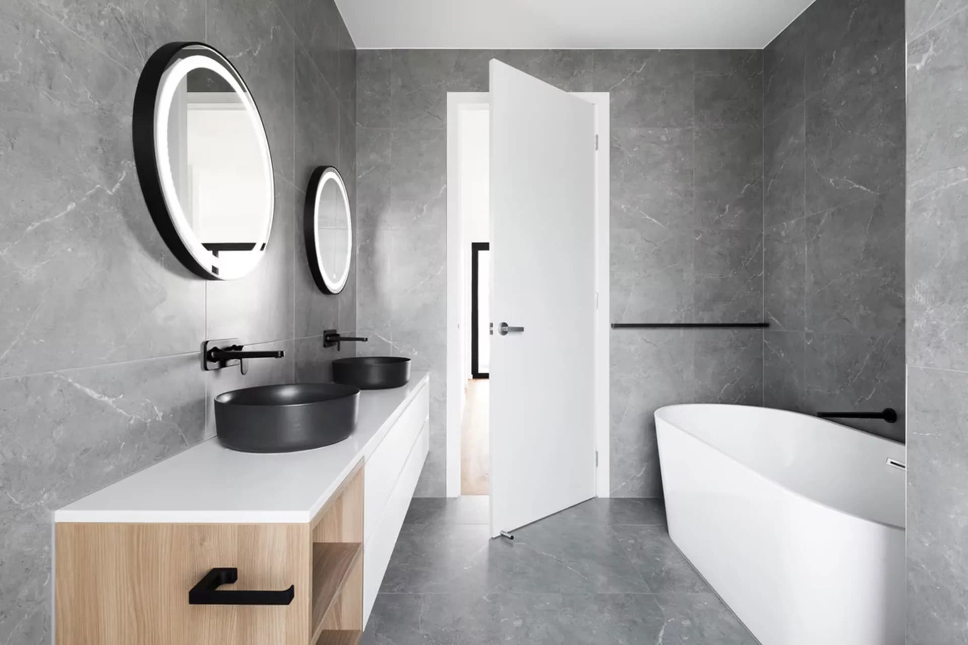 Same bathroom tiles on floor and walls