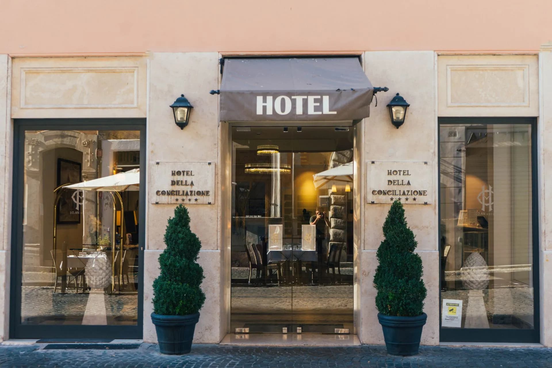 The entrance of a hotel