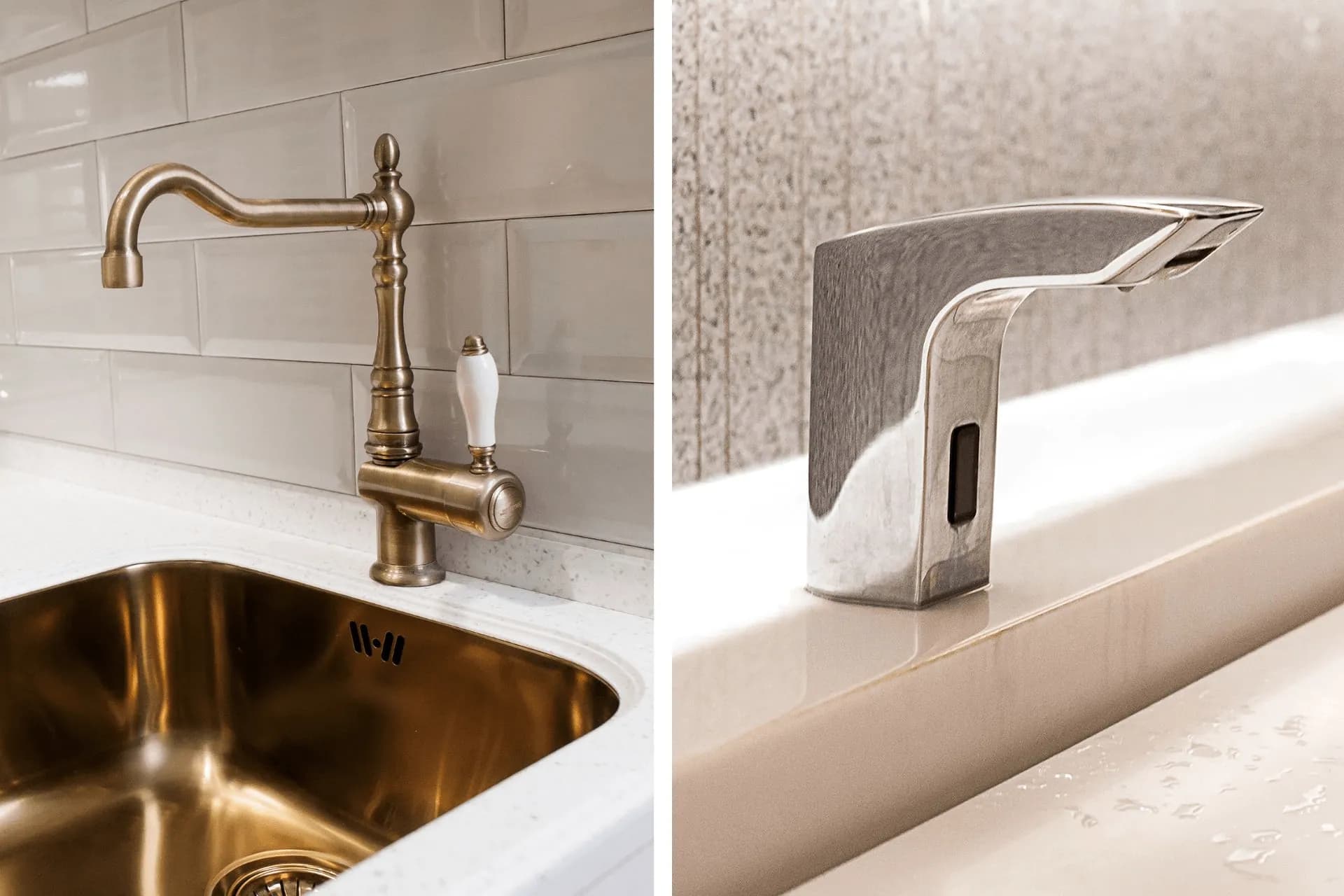 A manual kitchen faucet and a touchless kitchen faucet