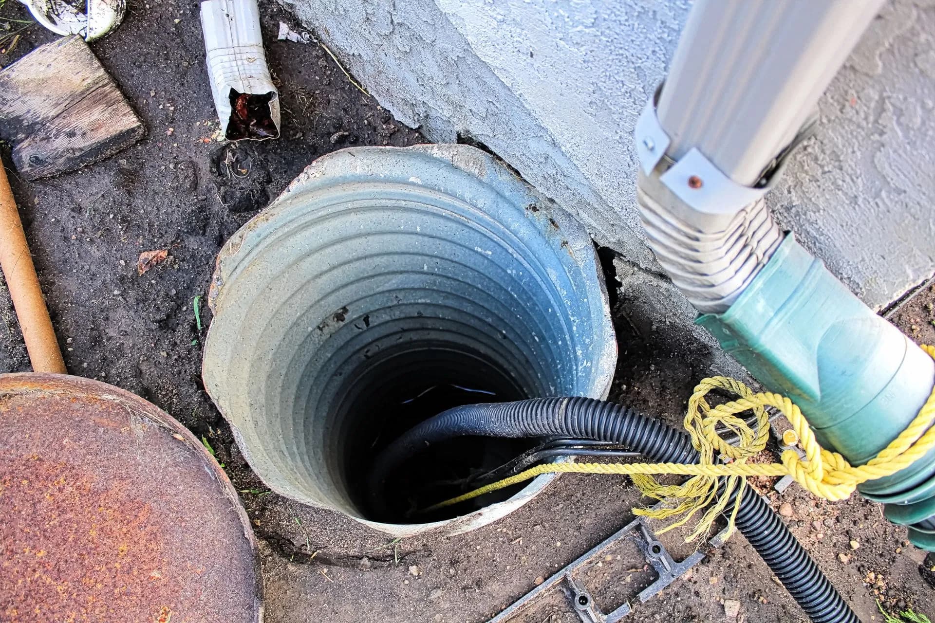 A top-down view of a sump pump discharge hose coming out of a hole in the ground