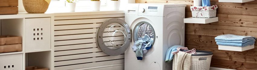 A laundry room remodel that features minimalist shelves and an effective layout